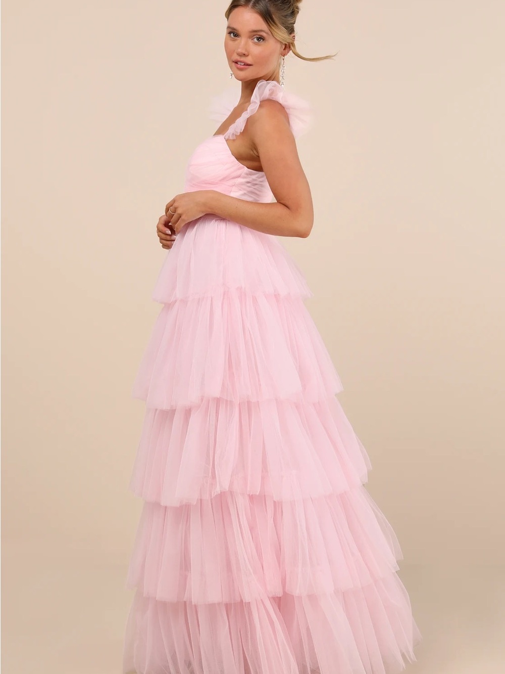 Lulu's Fabulous Poise Light Pink Tulle Ruffled Tiered Maxi Dress Size XL - Picture 3 of 9